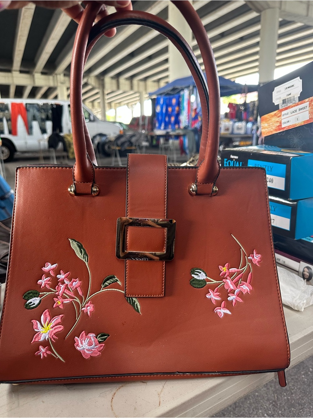 Women's Brown Floral Embroidered Top-Handle Bag